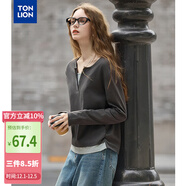 唐獅2025秋女凈色小V領(lǐng)假兩件長(cháng)袖T恤