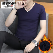 費洛仕無(wú)痕短袖T恤男冬季加絨加厚半袖修身百搭內衣絨V領(lǐng)打底衫保暖秋衣 805加絨短袖藏青色 XL 125-140斤