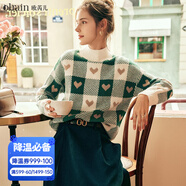 Olrain歐芮兒法式綠色毛衣女裝秋冬棋盤(pán)格提花半高領(lǐng)厚款針織衫女 綠色 M