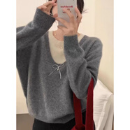 鹿王戀雪假兩件套頭毛衣女秋冬季2025新款圓領(lǐng)寬松顯瘦休閑打底針織衫上衣 灰色 L 【105-115斤】