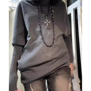 LNGA LANDGRE深灰色袖領(lǐng)長(cháng)袖針織衫女秋冬復古寬松不規則衫毛衣上衣外穿 深灰色_版 S _建議75-95斤