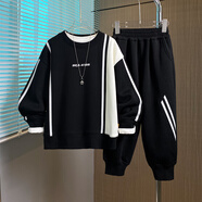 FAIRCHILD男童衛衣套裝春款運動(dòng)服中大童春秋季洋派兒童2025新款帥氣潮童裝 黑色套裝2570 180 cm