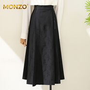 MONZO國際高端品牌2025秋季新款中長(cháng)款字百褶裙女新中式復古設計感高腰 黑色 S