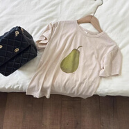 現貨韓國設計25新款復古手繪印花pear梨短袖休閑寬松T 白色 均碼