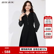 BUOUBUOUBUOUBUOu 2025秋季新款法式復古波點(diǎn)木耳邊飄帶拼接A字連衣裙女 黑色B88 M