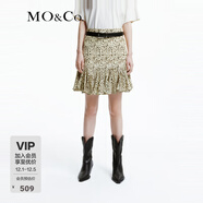 MO&Co.春秋桑蠶絲荷葉邊拼接高腰短款側拉鏈半身裙摩安珂 彩色豹紋色 S 160