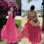 夏季新款巴厘島海邊度假黃色沙灘裙女復古顯瘦韓版連衣裙超仙長(cháng)裙 玫粉色5201#帶胸墊 S