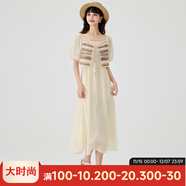 快魚(yú)復古時(shí)尚連衣裙2024新款女夏季假兩件設計拼接系帶泡泡袖長(cháng)裙 淺米色 L