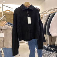 韓國2025秋冬新款翻領(lǐng)坑條紋羊毛針織衫女復古加厚毛衣外套 黑色 S