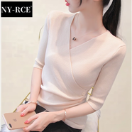 NY-RCE春秋裝打底針織衫女新款交叉上衣v領(lǐng)洋氣半袖毛衣百搭 米色 L