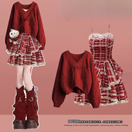 匯媚跨年圣誕穿搭蝴蝶結針織衫女毛衣女連衣裙約會(huì )戰袍顯瘦百搭氛圍感 紅色V領(lǐng)毛衣+紅色吊帶裙 【兩件套】 M 【建議80-100斤】