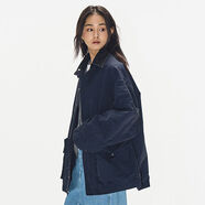 7AM10PM個(gè)性拼牛仔領(lǐng)外套女藏青色夾棉風(fēng)衣寬松抽褶工裝外套上衣 藏青色夾棉版 S S