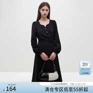 范思藍恩23FS14556法式文藝不規則設計連衣裙冬新款V領(lǐng)裙子 黑色 S