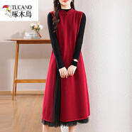 啄木鳥(niǎo)（TUCANO）中式秋冬新款羊.毛連衣裙女旗袍領(lǐng)開(kāi)叉針織無(wú)袖中長(cháng)款羊絨馬甲毛 酒紅 2XL XXL