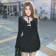 妙奕嘉秋冬季黑色連衣裙女裙子純欲緊身高級感包臀裙打底裙長(cháng)袖2025新款 純欲掛脖蕾絲蓬蓬連衣裙 均碼 【建議118斤內】