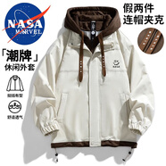 NASA MARVEL夾克男春秋季連帽假兩件透氣時(shí)尚防風(fēng)寬松情侶裝 米白色 XL