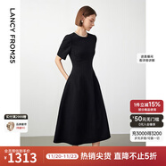 朗姿【Basic衣櫥】小香風(fēng)法式赫本風(fēng)波點(diǎn)小黑裙女收腰高智連衣裙 黑色2 M