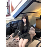 園翌重工釘珠千金風(fēng)無(wú)袖連衣裙女2025秋季短款a字裙外套套裝 石崗灰連衣裙 XS