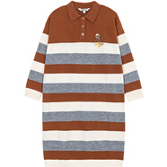 B.Duck【星野牧歌】小黃鴨2025冬季新款條紋拼接Polo領(lǐng)針織連衣裙 棕白灰條 XS