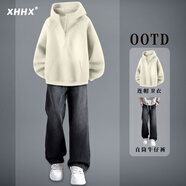 曦嶼重磅半拉鏈連帽衛衣男秋冬款美式休閑高領(lǐng)外套直筒牛仔褲高街穿搭 [兩件套]杏色+黑色牛仔褲 M [90-110斤]