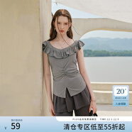 范思藍恩法式荷葉邊小飛袖T恤女夏季2025新款收腰抽褶短袖2850 灰色 XS