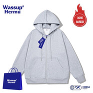 WASSUP HERMU官方潮流連帽衛(wèi)衣男春秋季運動休閑情侶套裝大碼外套潮牌長袖開衫 加絨加厚-淺灰色 L（建議110-130斤）