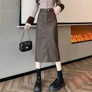 苜戈高腰直筒皮裙半身裙女秋季2025新款中長(cháng)款開(kāi)叉顯瘦a字包臀一步裙 棕色3161皮長(cháng)裙（無(wú)腰帶） S  建議80-95斤