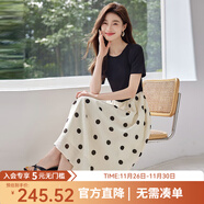 熙世界（sllsky）假兩件波點(diǎn)連衣裙2025秋季新款流行氣質(zhì)短袖圓領(lǐng)拼接裙子女裝 杏底黑色波點(diǎn) XL