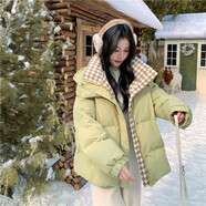 NPZ輕奢格紋連帽羽絨服女2025冬季新款短款外套小個(gè)子寬松面包服 綠色 M