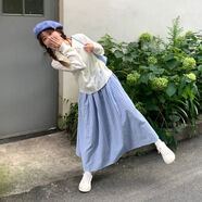 奶藍色格子半身裙日系文藝小清新中長(cháng)版傘裙大擺小格紋遮肉a字裙 藍格子 S S