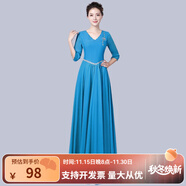 新款合唱團演出服女成人唱紅歌現代長(cháng)裙中老年學(xué)生長(cháng)款大合唱服裝 天藍 4XL