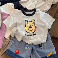 兒童新款卡通小熊維尼短袖T恤男女童寶寶休閑百搭上衣中小童童裝t 黑領(lǐng)短袖：奶灰【涂鴉小熊維尼】 均碼 80cm