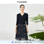 娜爾思（NAERSI）商場(chǎng)同款通勤V領(lǐng)A字裙拼色長(cháng)袖中裙時(shí)尚連衣裙秋冬新款 暗青紫色 M
