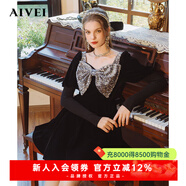 卓雅周末（JORYA weekend）2024年春季甜美公主亮片蝴蝶結方領(lǐng)晚宴絲絨針織連衣裙女R0160186 黑色 M