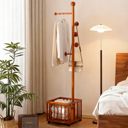 木馬人實(shí)木衣架落地立式掛衣服臥室衣帽架移動(dòng)晾衣架簡(jiǎn)易多功能床頭置物 【360°萬(wàn)向滾輪】網(wǎng)紋收納筐-原木色（健康實(shí)木）