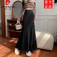 皮爾卡丹（pierre cardin）加長(cháng)針織魚(yú)尾半身裙女2025秋冬松緊高腰包臀荷葉邊毛線(xiàn)長(cháng)裙高個(gè)子 黑色 均碼 80-140斤可穿