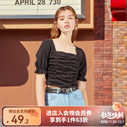 西遇復古方領(lǐng)針織短袖女2025年夏季新款褶皺高腰短款t恤女純色小個(gè)子 黑色(D0300873) L