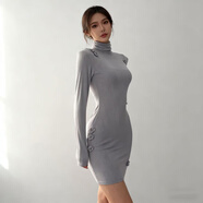 彈簧人（TANHUANGREN）秋冬季新款高領(lǐng)修身顯瘦包身裙拼接白色內搭針織連衣裙 灰色 均碼