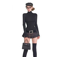 御姐風(fēng)高領(lǐng)長(cháng)袖T恤女秋冬季新款收腰顯瘦高腰格子短裙高級感套裝 長(cháng)袖上衣+半身裙（送腰帶） M