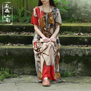 亂在江南民族風(fēng)連衣裙女寬松夏季新款圓領(lǐng)抽象印花長(zhǎng)裙 紅色拼接 均碼