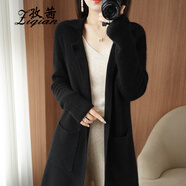 孜茜 秋冬新款羊毛衫開(kāi)衫女中長(cháng)款寬松休閑100%純羊毛加厚毛衣外套 黑色 XL