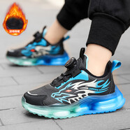 駱駝（CAMEL）男童棉鞋秋冬加絨皮面防水兒童運動(dòng)鞋旋轉扣中大童跑步鞋跑 368黑藍二棉 加絨 28 _內長(cháng)17.8CM