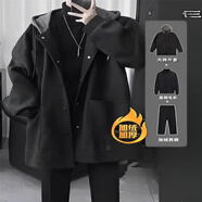 唐號（tanghao）冬季新款痞帥毛呢大衣男韓版寬松中長(cháng)款雙排扣呢子外套風(fēng)衣男大碼 短款【黑色夾棉外套+黑色毛衣+加絨小西褲】 XL