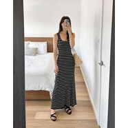 wildgirl條紋背心撞色沙灘度假風(fēng)性感長(cháng)裙針織坑條長(cháng)款連衣裙夏女 黑色 S S80-110