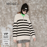 MO&Co.【美麗諾羊毛】 原創(chuàng  )LOGO條紋毛衣翻領(lǐng)上衣女拉鏈毛衣針織衫 白黑條色-第2批 M 165