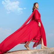 紅色洋裝沙灘裙海邊度假拍照衣服超仙沙漠裙子異域風(fēng)情拖地長(cháng)裙 紅色1_單拖尾裙 M