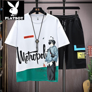 花花公子（PLAYBOY） 夏天純棉短袖T恤12-15歲男孩青少年13初高中學(xué)生14大童夏裝套裝1 2102(上衣+中褲)白色 M (建議體重75到98)