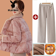 花花公子（PLAYBOY）媽媽冬裝保暖國風(fēng)羽絨棉服小棉襖中老年奶奶秋冬款毛領(lǐng)寬松小棉衣 粉色【9981燕麥色褲】官方旗艦版 加絨 XL 【建議90-105斤】