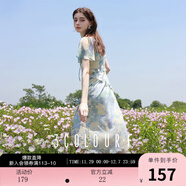 三彩獨醒2025夏季新款荷葉邊印花雪紡裙連衣裙度假風(fēng)長(cháng)裙F 冰川藍花卉 M 160/84A