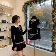 學(xué)院風(fēng)娃娃領(lǐng)內搭針織韓系套裙一整套秋冬高腰半身裙外搭毛衣外套 3件套白領(lǐng)黑色色針織上衣+短裙+領(lǐng)結 S